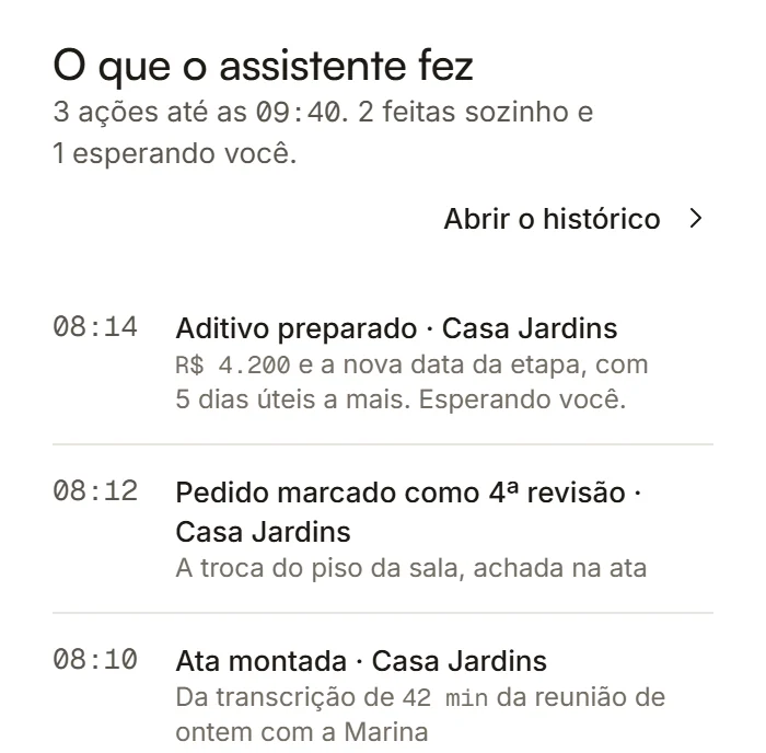 O que o assistente fez de manhã no celular: a ata montada, a revisão marcada e o aditivo esperando você.