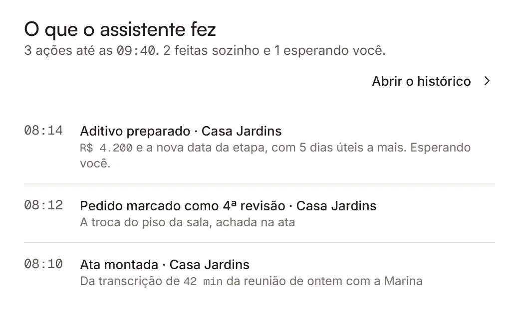 O que o assistente fez de manhã: a ata montada, a revisão marcada e o aditivo esperando você.