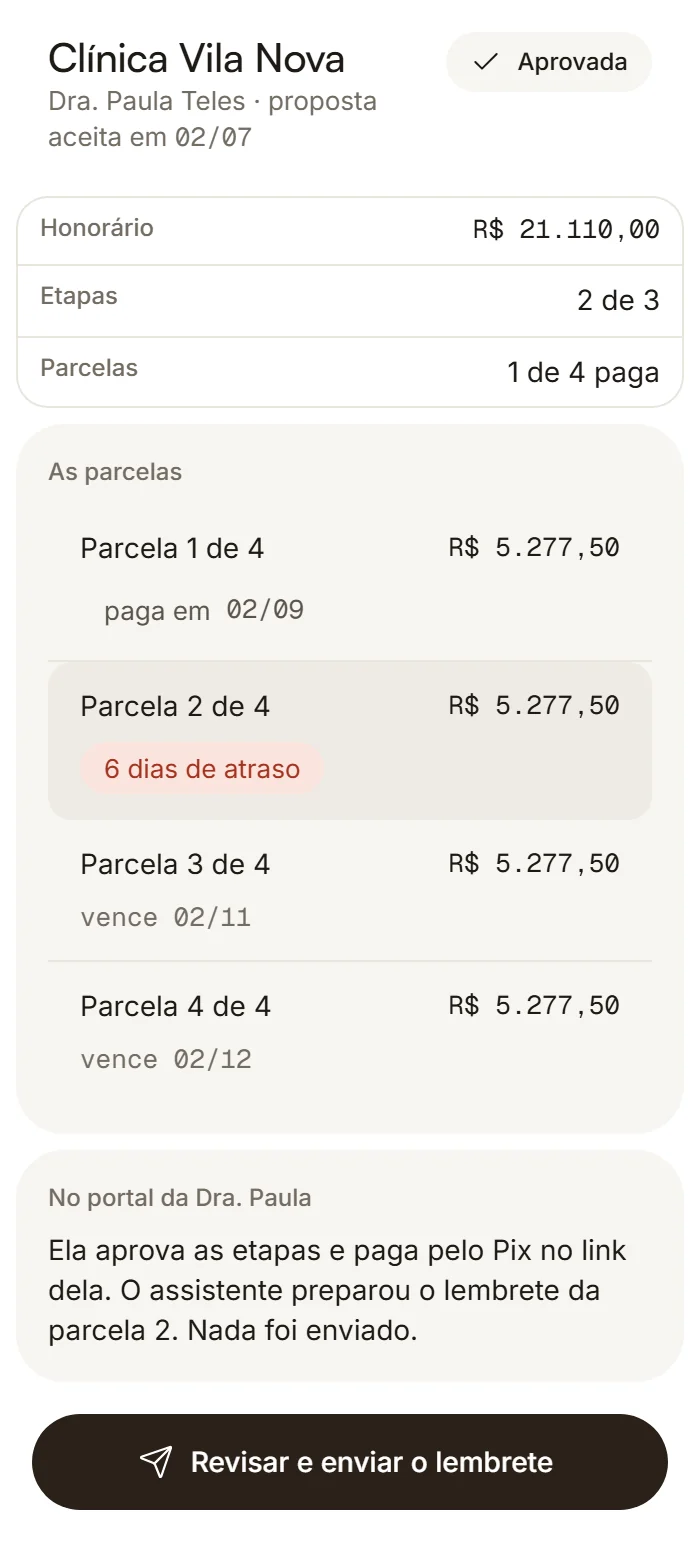 A proposta aprovada da Clínica Vila Nova no celular, com as parcelas e o portal da cliente.